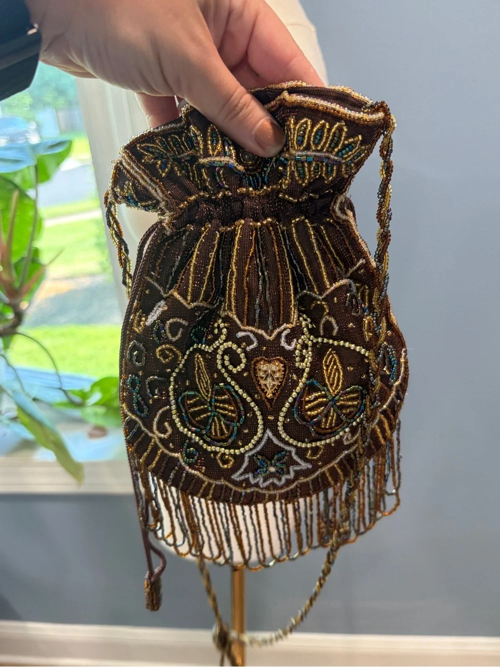 Vintage Hand Beaded Drawstring Purse Brown Fringe Evening Bag Boho